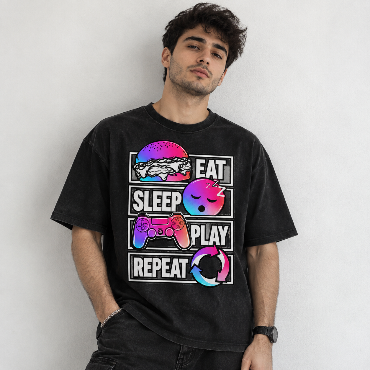 تیشرت Eat Sleep Play Repeat باکسی نخ پنبه